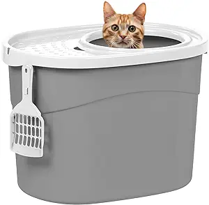 MADE IN USA with global materials - The IRIS USA top entry kitty litter tray offers a functional and aesthetically pleasing solution to your cat's bathroom needs. With the top entry kitty litter box, everything stays inside and out of sight, and the enclosed design lessens the prevalence of unpleasant odors in the room, something that's sure to make everyone in the family happy.
TOP ENTRY - The top entry of the cat litter pan means more privacy for your cat, less litter spillage, and any spraying remains contained within the tall walls of the kitty litter box. It also functions to keep other pets, such as dogs, out of your cat's business, making for a stress-free environment for everyone.
TIDY - The little holes in the lid catch any lingering litter particles on your cat's paws and keep them from spilling out onto the floor, keeping the area neat and clean and making clean-up a breeze.
ORGANIZED - The included scoop features a hook, allowing you to hang it from the side of the kitty litter pan to store it between cleanings and have it within reach whenever it's needed, making the days of hunting around for the scoop a thing of the past.
GREAT SIZE - Outside dimensions: 20.5"L x 14.75"W x 14.38"H, Entry: 9.25" Diameter, Inside dimensions (bottom): 17"L x 11.5"W