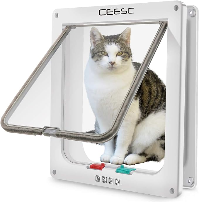 4 WAY SWITCH MODE --- The pet door could be adjusted by the Red and Green switches with tabs to 4 modes: out only, in only, both in and out, and fully locked, easy control of your pet's in and out
SIZE & APPLICATION --- Outer Size: 9.8" x 11" x 2.15"(W x H x D), Inner size: 7.9" x 8.7"(W x H), Cut-Out Size: 8.3" x 9.5" (W x H); fits doors and thin walls, for cats and doggie under 27.54 lbs and with a waist smaller than 24.8 inches
SAFE & THOUGHTFUL --- The transparent flap let pet see through the door. Exterior rain seal is for waterproof. Brush strip eliminates noise from the door closing
EASY TO INSTALL --- Complete instructions included, make you easily install in windows, doors, cupboards, panels and walls etc
EXCELLENT QUALITY --- Made of ABS material, weather-resistant, the surface is smooth and durable