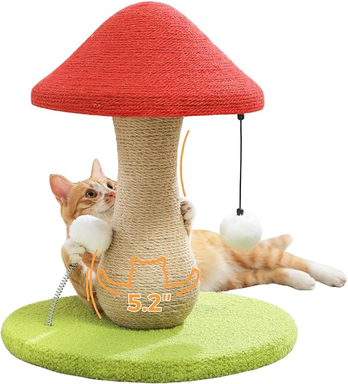 PETEPELA Mushroom Cat Scratching Post, Cat Scratcher Cute with 100% Sisal Covered Scratching Post & Pompoms Cat Toy, Mushroom Cat Post for Indoor Cats