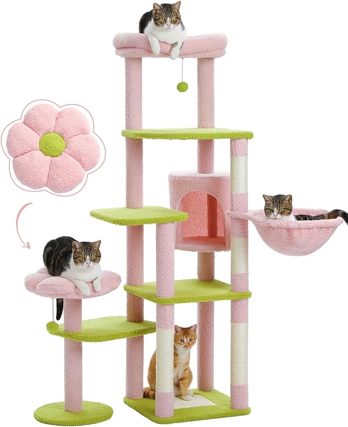 59" Flower Cat Tree, Tall Cat Tree for Large Cat, Multi-Level Cat Tower, Cute Cat Tree for Indoor Cats, Cat Condo with Large Hammock, Scratching Post, and 2 Perches, Pink

[🌸Multi-layer to Relax]: This flower cat tree has large top perch, private condo,large hammock,sisal covered scratching post and fluffy pom pom ball for kittens, samll cats and average cats to rest and entertainment.Each level offers sufficient space for cats to play and climb, capable of accommodating 4-5 adult cats playing simultaneously.
[🌸Unique Cute Flower Design]: Our flower cat tower showcases a delightful bloom-inspired structure and high-quality filling is used inside the flowers. The flower cat tree not only enriches your space but also provides a cozy haven for your feline friend.
[🌸Stable Design For Safe Leaping]: Our multi-level cat tower is designed to ensure your cat's safety while jumping, playing, or scratching. It's crafted from solid particleboard that provides excellent durability,and equipped with a reinforced base, rounded corners, and an anti-toppling safety strap.
[🌸Pet-Friendly Materials]: The cat tree is covered with ultra-soft carpeting, providing cats with a cozy sleeping environment. The natural sisal is durable enough to perfectly fulfill the scratching needs.
[🌸Easy to Assemble&1-Year Warranty]: Come with detailed instructions for quick and easy installation.MUTTROS offers a 1-year warranty and 100% customer satisfaction guarantee on our products. If you have any issues, please contact us, we will reply you soon!