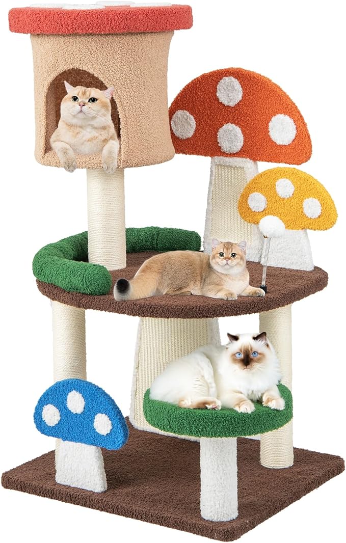 Tangkula Mushroom Cat Tree, Cute Cat Tower with Full-Wrapped Sisal Post, Scratching Board & Spring Ball, Cat Condo, Flower Cat Tree Tower for Indoor Cats Large Adult (40.5 Inch)