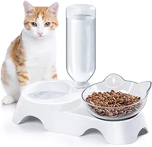 🐶【Automatic water dispenser with food bowl】:2 in 1 feeder bowl. One food bowl, one plastic bowl with automatic water bottle. It will refill the water into the dish automatically and keep the water clean whether you at home or not. Suitable for Medium and Small Pets. Your small pets will like this gift,try our special water and food bowl set for your baby cats or dogs.
🐶【15° Tilt Design】:15°tilted platform, reasonable bowls height reduce stress of cats neck,arthritis or back, the best feeding posture and suits different cats and small dogs. The pet bowl offers easy eating and comfortable licking for your pet, best choice for your pets.
🐶【The Water Bowls】Siphon principle, stable control of water level, automatic water supply. This water bottle can hold 17oz of water. Automatic water dispenser could refill the water into the dish automatically and keep the water full .This design is very useful for your cute cats when you are not stay at home (Changing the water once a day can make your pet drink healthier!).
🐶【Usage Tips】: Make the lid of bottle down, overturn filled bottle, put it on the small groove, then press the bottle bottom. Water will outflow water bowl. Note: Please do not fill hot water into the water bottle.
🐶【Safety and Security】: Environmentally friendly PP resin liner bowl, food grade PP bowl, food grade PET level, your pet's safety is the same as mine. User-friendly separation design, detachable parts, simple structure, it’s easy to take it out to wash and keep clean, what’s more, Cat food bowls are also convenient to add food or water