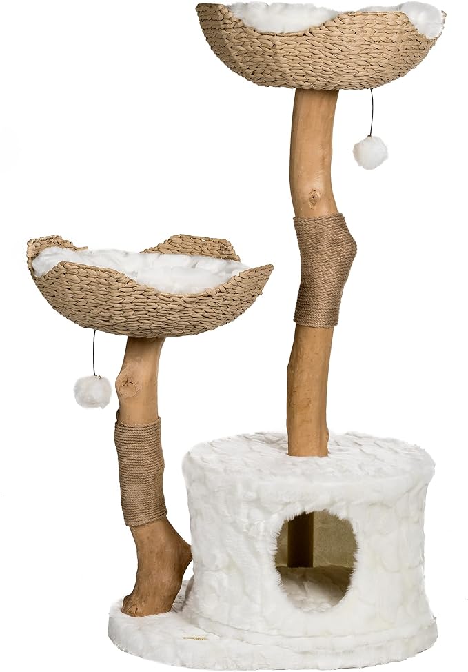 MAU Modern Cat Tree Tower for Large Cats, Real Branch Luxury Cat Condo, Wood Cat Scratching Tree, Cat Lover Gifts by Mau Lifestyle

FOR LARGE CATS WEIGHING UP TO 23 POUNDS: This beautiful piece of modern cat furniture is meant to hold cats weighing up to 23 pounds or even multiple cats! Its quality materials are extremely sturdy and meant to last for years to come. You can rest assured knowing this tree can fit some of the largest cats out there with no issues whatsoever.
EASY TO CLEAN: These trees are extremely easy to clean! The cushions are MACHINE WASHABLE (and replaceable with a variety of different colors) and the rest of the tree can easily be vacuumed or cleaned with a dry foam cleaner.
BEAUTIFUL & UNIQUE DESIGN: Unlike most cat furniture, this wood and wicker cat tree tower will enhance the look of your home. It includes two beautifully crafted, one of a kind trunks that hold two hand woven wicker baskets containing extremely comfortable cushions (removable and machine washable). It is perfect for your kitty to have a glorious time napping while you can enjoy looking at a beautiful piece of art that adds to your homes aesthetics.
MADE TO LAST & ENDLESS SUPPORT: These trees are extremely high quality and made to last for years to come. You’ll always be able to keep your cat tree looking new because replacement parts can be purchased for ANY part on the tree. If you ever have any sort of issues with your tree, our team of cat lovers are ready to assist you. Your satisfaction is extremely important and we are here to make sure that you and your kitty have the best experience possible with Mau!