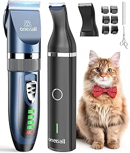 3 in 1 Cat Grooming kit : oneisall cat grooming kit is incredibly versatile, allowing you to tackle both large areas and delicate spots like the paws with ease.Our cat clippers are perfect for grooming your cat's body long matted hair .The small cat paw trimmer with double blades works great for trimming small areas such as paws, face,eyes, ears. Easily dealing with matted hair without causing any discomfort to your cat
Strong Power for Long haired Cats : oneisall cat clippers is specially designed for cats long matted hair，such as Persian,Maine coon,Ragdoll,fitted with updated precision blades,safer and stronger. It also provides 2 speeds (5500-6000rmp)for adjustment, strong enough to easily trim even the thickest coats like butter without pulling your cat's fur
Super Quiet& Gentle Vibration : oneisall cat grooming clippers and small paw trimmeradopted an upgraded motor that provides high speed and less vibration, effectively controls the noise < 60dB,helps the pet feel at ease and not afraid of haircut anymore.Gentle vibration, has a nice feel in hand
Cordless Design& Easy to use : Cordless Cat Clippers with built-in battery offer more flexibility when cutting your pets hair.If the battery starts to run low,you can use cord when grooming.allowing you to freely move in any direction.Easy to use even for Green hand
Long Lasting Battery&LCD Display : oneisall cat shaver with 2000mAh High Capacity Li-ion Battery, charging for 3 hours and can sustain use of 240min for a full-body clipping more than three cats.The cat paw trimmer lasts 2 hours when charged for 2 hours,designed for trimming sensitive areas such as paws, legs,ears,face.With LCD display for reminding using and charging status,helping you better control the grooming
One Set Meet All Your Needs : Standard cat clippers for grooming comes with 6 guide guards(3mm/6mm/9mm/12mm/15mm/18mm). The whole clipper and trimmer kit includes a cleaning brush, comb, scissors, and everything you need to trim your dog’s or cat’s hair