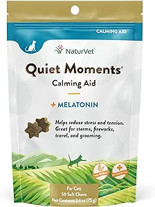 NaturVet Quiet Moments Calming Aid Cat Supplement Plus Melatonin – Helps Reduce Stress in Cats – for Pet Storm Anxiety, Motion Sickness, Grooming, Separation, Travel – 50 Ct. Soft Chews