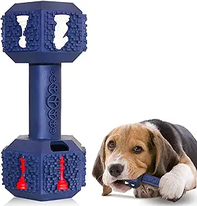 🐶【HIGHLY BITE RESISTANT&INDESTRUCTIBLE DOG TOYS】: Newest Version of Dumbbell shape chew toy is qualified with power tension test, sustain with 550 lb of machine pull, industrial-grade processing guarantee its high durability, approved by many aggressive chewers like German Shepherd, Pitbull, Alaska, Golden Retriever, American Foxhound, Mastiffs etc.
🐶【PUP ATTRACTIVE DESIGN】: Both ends of dumbbell adopting 3D particles design, with inside hollow&fruit flavor, one can put treats like peanut butter, snacks on it to attract your pup’s attention to play with, the 3D particles helps to clean teeth&scraps, prevent from any dental tartar and practice strong jaw.
🐶【ALWAYS SAFE FIRST】: Dog chew toys are made from food grade imported natural rubber raw material, 100% safe, Feel free to give to your pup, an ideal premium gift toys for our life partner.
🐶【FREE FROM BOREDOM】: This ultra durable dog toy can fully satisfy dog’s chewing instinct especially in their teething grinding period, fashionable shape with special flavor helps to release energy, alleviate the mood of anxiety and boring, protect the house furniture from mess up while you are not around.
🐶【DEVELOP MORE FUN】: Take this unique Dumbbell Dog Toys not only as a chew toy, but also a interactive toy, IQ treat food dispensing toy and daily Behavior training toys etc. We provide a 3 month of replacement guarantee, feel free to put it to test, If you have any questions or feedback, please reach out to us, we will get back to you very soon once message received.