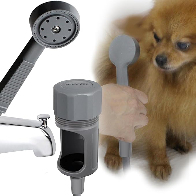 Patent Designed: YOO.MEE Professional Pets Shower Unique on your Existing Tub Spout (w/front diverter) for Washing Pets, Cleaning Tubs in Portable and Convenient Bathing, Easy and Quick Installation
Pay Attention: Please Must Read over the Description and Take the Measurement before Buying. Don't Hesitate to Buy This Tub Sprayer if Your Faucet Well Fit Our Product Requirement
Pay Attention on Tub Style: Your Bathtub Spout must have an upper diverter that is also perpendicular to the spout mouth
Pay Attention on Measurement: Your Bathtub Spout height from upper diverter to outlet mouth should be at range of 2.20''-- 3.150'' MAX, and Tub Spout mouth Diagonal Width should be at 2.050'' MAX
Durable Materials: We Use Solid Brass Connection Diverter Valve to switch the showering between Fixed Showerhead and Tub Spout Spray. Our Tub Spray Cabinet and Hand Shower are made of High Strength ABS engineering grade plastic, which avoid ugly surface scratches on your metal spout. The soft hose as it need flexible bending no risk and scare for baby and pets. Inside Silicone Rubber Washer prevent the build-up of aging too hard for water sealing