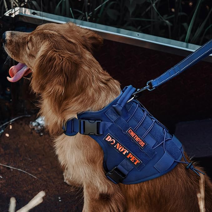 SIZE INFORMATION:Our No Pull dog harness is made from Durable 1000D nylon with Padding for a comfortable fit. XXS: 10"- 14"(Neck); 13"- 18"(Chest); 6.5"(Back) XS: 11"- 17"(Neck); 15"- 22"(Chest); 7"(Back) S: 14"- 20"(Neck); 20"- 27"(Chest); 9"(Back) M: 16"- 23"(Neck); 24"- 32"(Chest); 10"(Back) L: 18"-25"(Neck); 27"- 36"(Chest); 11"(Back) XL: 20"- 29"(Neck); 31"- 40"(Chest); 13"(Back)
EASY ADJUSTABLE:Adjustable Dog Harness with a Top handle for traffic control, 4 quick release buckles for easy onand off while providing extra security;and one leash attachment point at the front.
MILITARY STYLE: OneTigris large dog harness each side features two straps as well as hoop & loop strips panel to easily attach pouches or ID panels;Dog vest harness is not designed to bear heavy weights and we advise against relying solely on the grab handle to carry your dog.
HOOK&LOOP DESIGN: Full length 9" by 2" heavy duty loop panel at the top for ID badges and one 3.5" by 2" panel on the neck strap(Since the size is measured manually, there may be an error of 1 inch). Our easy walking harness is available in 6 colors & 6 sizes, ideal for any occasion from hiking to daily walks and training sessions.
QUALITY AFTER-SALE GUARANTEE: OneTigris large tactical dog harness have 1 year wty. If you are not satisfied with dog vest harnesses, feel free to reach out and we will reply in 24 hours.