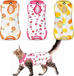 Package content: there are 3 pieces of cat recovery suits, available in bright color in the package, which are suitable for cats routine replacement and use. The size is for reference only, you need to carefully measure the size of your pet before purchasing
Safe material: during recovery, the kitten recovery suit is a necessary pet supply to keep the cat's abdomen and skin well; Made of modal material, the cat suit has a good flexibility, reducing stress to the cat body and accelerating recovery
Comfortable to wear: the necklines of cat recovery suits feature with shrinkage, which is suitable for pets and let them don't try to escape; Your cat will be comfortable to move or eat instead of feeling annoyed when it wears the cat recovery suit
Easy to wear: the large opening at the back of the recovery suit for cats makes it easy for your cat to put on and take off, so that it takes you only few minutes to do that, while preventing the floor and carpet from stains by your cat in recovery
Size information: the size of Small: neck circumference is about 9 inches, the bust is about 12.5 inches, and the clothes' length is about 7.8 inches; Medium: neck circumference is about 10.2 inches, the bust is about 14.5 inches, and the clothes' length is about 9.8 inches; Large: neck circumference is about 11.4 inches, the bust is about 16.5 inches, and the clothes' length is about 11.8 inches; Which is suitable for most pets, cats, dogs and so on