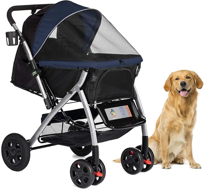 Pet Rover Premium Heavy Duty Dog/Cat/Pet Stroller Travel Carriage With Convertible Compartment/Zipperless Entry/Reversible Handle/Pump-Free Rubber Tires for Small, Medium