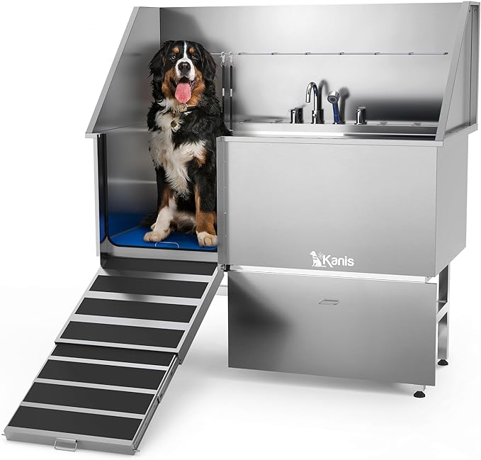 KANIS Professional Stainless Steel Dog Bathing Station - Dog Grooming Tub w/Ramp, Storage Drawer, Floor Grate & Faucet/Dog Bathtub for Large, Medium & Small Pets (61", Left RAMP - 1 Drawer)