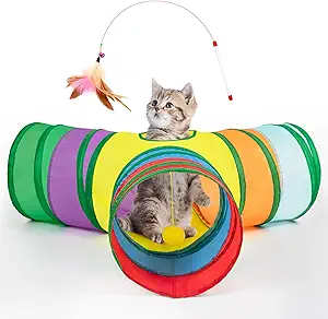 Best Ways to Play: Our cat tunnel with 3 spacious tunnels, peephole & ball toy, this popular cat toy gives your kitty more ways to have fun. Provides hours of exercise & self-amusement.
Safe and Strong: That cat tunnels for indoor cats made of an ultra-strong, tear-resistant polyester wrapped around a sprung-steel frame with protective ends this tunnel, the fully-enclosed steel frame stands up to the most energetic games.
Collapsible & Portable: Our cat tunnel folds down small in seconds for easy travel and storage. Each tube is about 10 inches tall and 17 inches deep.Take the entertainment with you anywhere, so your pet is never bored!
Keep Your Pet Active: Compared to cat tents, scratch posts, mouse toys etc, our kitty tunnel offers the most interactive fun with the dangling ball on the exits, truly a great way to encourage daily exercise and keep your pet active.
Buy With Confidence!: if you (or your pet) aren't thrilled with our cat tunnel, simply let us know for a full and prompt replacement or refund. There's no risk to buy now.