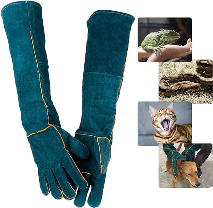 [ DURABLE & SAFE MATERIAL ] - PeSandy animal handling gloves are made of thickened cowhide, which is more durable and strong. And its cotton lining offers softness, comfort, and extra heat protection.
[ LARGE RANGE PROTECTION ] - Length: 23.6 inch, palm width: 5.3 inch, sleeve width: 7.7 inch. The long length of the gloves is possible to protect your whole arm from potential hurts, the cover places are wider compared with normal gloves.
[ MULTI-FUNCTIONS ] - PeSandy Animal Handling Gloves could avoid bites or scratches from a cat, dog, mink, squirrels, chinchillas, hamsters, rabbits, and foxes. It could also be used when keeping birds and poultry, and prevent biting while playing with large birds, such as hawks, parrots, lizards, snacks, ferocious turtles, spiders, etc.
[ USED BY ] - Veterinarians, Animal Control Staff, Groomers, Kennel Workers, Zoo Workers, Pet Shop Employees, Breeders/Handlers, Pet owners, Bird handlers, Reptile handlers, and so on.
[ FEEL PROTECTED AND SAFE/ ANTI-SCRATCH & ANTI-BITE ] - PeSandy Animal Handling Gloves offer the best safety work protection with any animal or any type of work. Our top-quality thickened cowhide gloves offer anti-bite and anti-scratch protection when working or training with any animal. With our team's years of experience and research, your hands will feel protected and safe from bites, scratches, or other physical injuries.