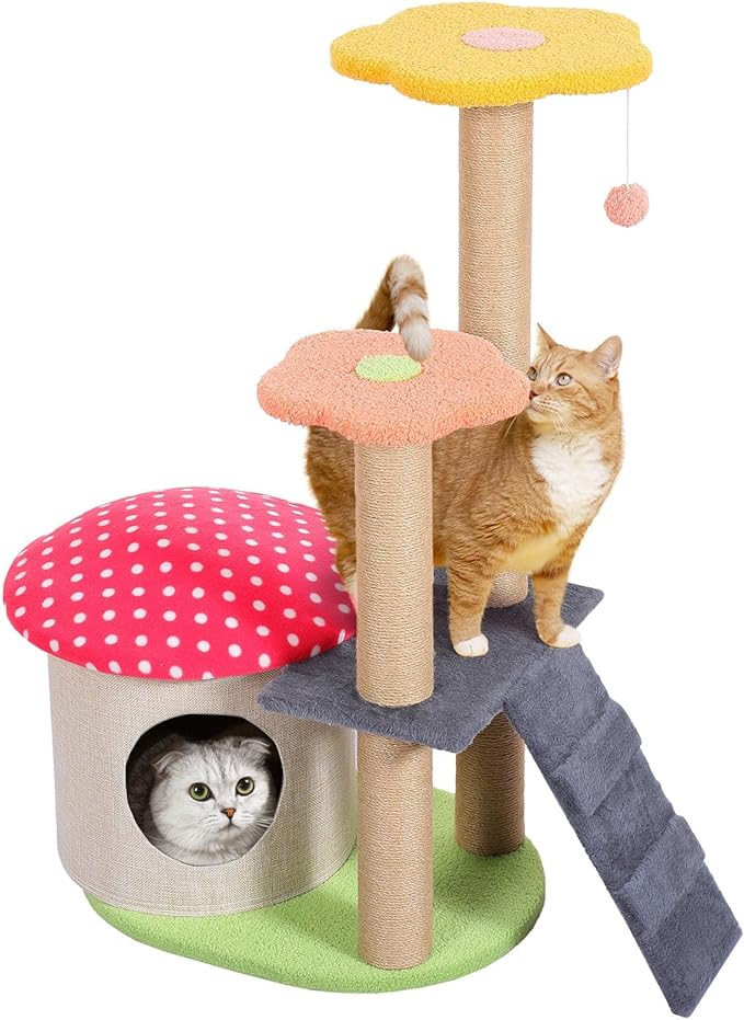 Mushroom Cat Tree, 43in Tall Flower Cat Tower with Sisal Scratching Post, Cute Cat Tree Tower for Indoor Cats Kittens, Cat Condo, Flower Cat Platforms, 5 Layers

🐱 Our tall mushroom cat tree with high-quality sisal scratching trunk, featured with tightly wound, wear-resistant and scratch-resistant, which allows your pet to fully release the wild nature of climbing while preventing your other furnitures from being scratched
🐱 Our cat tree with scratching post has two flowers, a high seat and a lovely mushroom house, so that your cat jump up and down while taking a nap in its exclusive cabin. The flowers are covered with soft ARTIFICIAL lamb wool, letting your pet even have a comfortable sleeping on them. The hanging plush balls can attract cats to start hunting games, allowing your beloved pets grind their PAWS while they play
🐱 Our cat tree can accommodate 4-5 kittens to play at the same time, definitely an interactive and amazing playground for your cats, functional and aesthetic, saving space, adding more color and vitality to your home
🐱 Our Free-standing Cat Tree features a 5-layer design with adorable resting and recreation spots, making it not just a fun for your kittens, but also a functional indoor playground which provides them with the necessary physical and mental stimulation to keep them healthy and happy
🐱 Overall Size: 43" * 24", 2 styles for choice, NO installation tools Required, easy to assemble, you can create a playground for your cat to entertain and exercise within minutes, so get one for your pet!