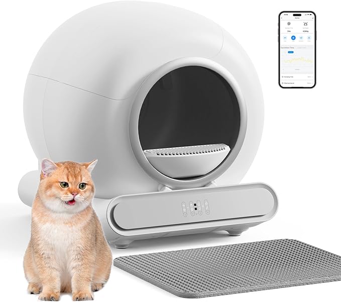 Self Cleaning Cat Litter Box, Automatic Cat Litter Box with Mat & Liners, 65L+9L Large Capacity Self Cleaning Litter Box, APP Control/Suitable for Multiple Cats - White