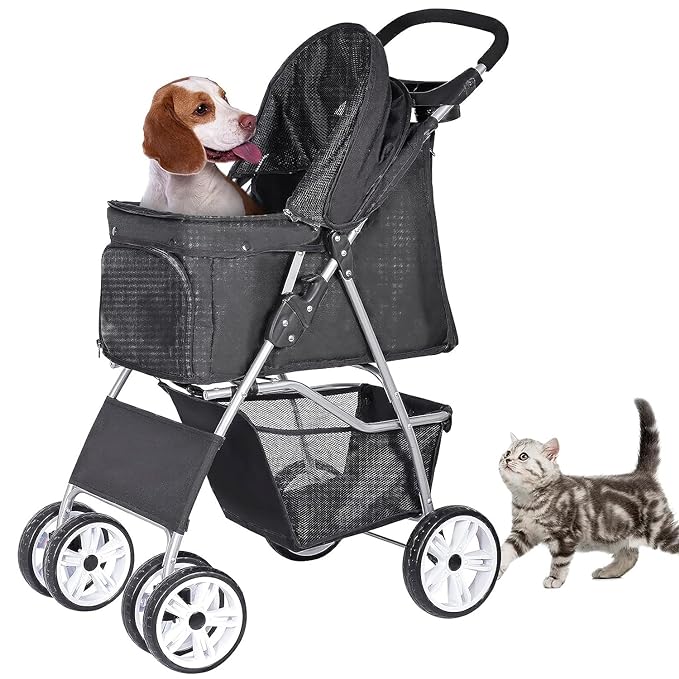 ZENY Foldable Pet Stroller, Cat/Dog Stroller with 4 Wheel, Pet Travel Carrier Strolling Cart with Storage Basket, Cup Holder (Black)