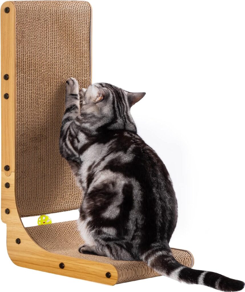 Priority on Your Cat's Safety: Playful and happy cats start with a safe and healthy environment. Our L-shaped cat scratching pad is made of heavy-duty corrugated paper, ensuring that your cat is playing and scratching in a safe place.
Durable Surface to Protect Your Furniture: Protect your furniture from scratches with our thick and sturdy cardboard surface. At 1.9 inches thick, it provides a durable surface for your cat to scratch and play on.
Space-Saving and Wall-Protecting Design: Our cat scratching board features an L-shape design that saves floor space and protects your walls from scratches. Keep your cat entertained while keeping your furniture intact.
Recyclable for the Environment: We care about your cat's happiness and the environment. Our cat scratcher is made of recyclable heavy-duty cardboard, so you can feel good about your purchase knowing you're helping to protect the planet.
Suitable for All Cats: The jumbo cat scratching board is designed for large-sized cats and young kittens. It comes with an engaging toy ball to enhance playtime and stimulation, infused with irresistible catnip to captivate your feline friend.