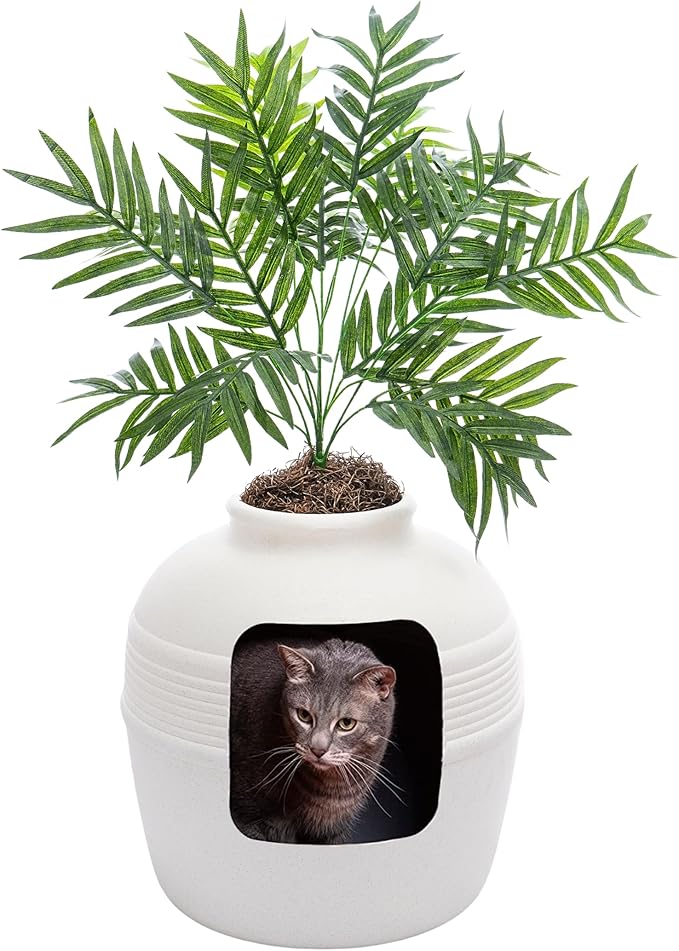 Original Style & Design | The Original Hidden Litter Box from Good Pet Stuff is a high quality and uniquely designed enclosed cat litter box fashioned as a planter with a faux plant. Designed for cats of all sizes, multi-cat households and for other small pets. The White Birch litter box is ideal for any room or space in your home or office, providing a sleek and functional litter box.
Size | The Original Hidden Litter Box Planter is big enough for your cat, dog, rabbit, and other small pets. The dimensions of the hidden litter box (without the palm faux plant) are 19 ⅝” L x 19 ⅝” W x 21 ⅞” H. With the faux palm plant installed it measures 19 ⅝” L x 19 ⅝” W x 44 ½'' H. Interior Dimensions are 19'' L x 19'' W x 19'' H. The door/opening measures 9 ⅛'' L x 9 ⅛'' H and 11 ½” diagonally. The opening is also 6 ¾” from the ground. A perfectly comfortable fit for your pets at home!
Odor Control | This litter box features a vented system with filter to help eliminate any unwanted odor from your cats. The enclosed litter box design will help keep litter, dust, and dander inside of the litter box for easy cleaning.
Easy to Clean & Discreet | Keep your home clean and tidy with our practical and easy-to-clean Hidden Litter Box. The removable planter top allows for easy access to the litter box, making removal a breeze. And when it's time for a wash, simply clean with soap and water, then towel dry for a fresh and hygienic litter box.
Durable & Quick to Assemble | The Original Hidden Litter Box is made from extra strong and environment friendly polypropylene, able to withstand wear and tear from your favorite feline. Easy to assemble in a 5-Part Kit with Planter Litter Box (2 parts), Odor Filter, Faux Plant & Real Florist Moss. The Original Hidden Litter Box comes with a 1-Year Manufacturer’s Warranty That Covers Parts & Labor!
MADE IN THE USA | At the Good Pet Stuff Company, we're passionate about pets, and we're dedicated to creating unique and innovative products for cats and dogs. Our flagship product, The Hidden Litter Box Planter, is a testament to our commitment to excellence. Proudly based in the USA, we invite you to browse our Amazon store for a wide selection of litter box options and other high-quality pet supply items.
