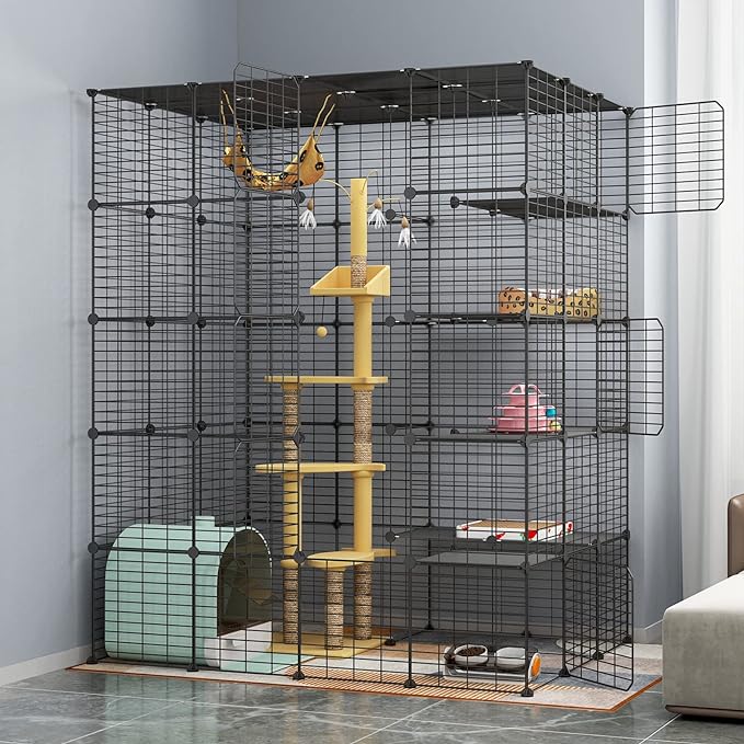 【Plenty of Room】 Cat Playpen provides a large hangout area for your cat ；Cat cage measures 55L x 41W x 69H Inch& is ideal for 1 to 4 cats
【Multiple accessible cat doors 】 We provide 6 cat doors.You can use these pet doors to interact with your pet, feed, clean up cat litter box, and even enter the cage to play with the cat
【DIY cage】 The panels we provide are enough to assemble a complete cat apartment,You can complete a satisfactory cat cage according to the different scenes and sizes in your own home.
【For various animals 】 hedgehogs, hamsters, guinea pigs or rabbits, they can all have FUN in this fence. Easy to keep an eye on them from any angle
【Easy assembly 】 Easy to put together with the illustrated instruction and included mallet.
【Purchase Notes】This cage does not have the plastic platform, but it has enough metal panels to restrict the cat’s movement