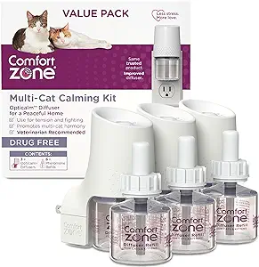 COMFORT ZONE VALUE KIT: Package includes 3 diffusers and 6 refills
REDUCE MULTI-CAT TENSION: Helps minimize conflict and stress between cats; creates a calm and relaxing environment; most cats saw improved behavior in 2 weeks
USE: Use the pheromone diffuser to calm cats and promote positive behavior; great for homes with multiple cats that have existing tension or for adding a new cat to the home
DRUG & FRAGRANCE FREE: Drug-free solution so you can feel good about helping your cat feel good
TRUSTED: Recommended solution for keeping cats safe, happy, and calm