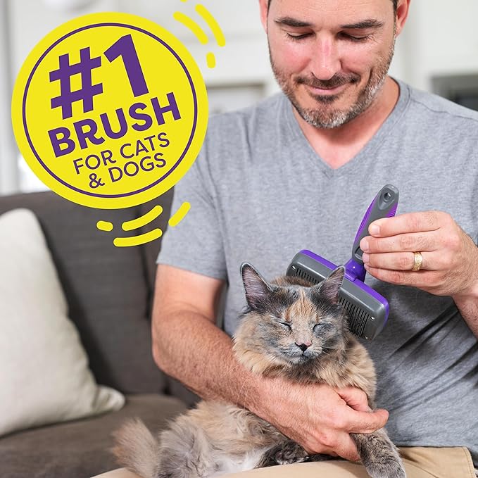 Efficient Grooming: Self cleaning pet brush removes loose hair, tangles, and debris effortlessly; fine bristles are perfect for grooming both long and short-haired pets, making it an essential for shedding control
Convenient Cleanup: Self cleaning slicker brush for dogs and cats features a push-button retraction mechanism; easily retract the bristles for a quick, easy fur removal after each grooming session
Pet Brush for Shedding: Angled bristles efficiently detangle and remove shedding fur while massaging your pet’s skin; ideal pet brush for shedding, promoting a healthier, shinier coat with regular use
Ergonomic and Comfortable: Cat grooming brush features a comfort grip handle for strain-free grooming; designed to reduce hand fatigue during extended grooming sessions, ideal for all pet owners
Gentle Bristles: Brush for dogs and cats with soft, fine bristles that don’t scratch your pet’s skin; effective on all fur types, making it a versatile grooming tool for both dogs and cats