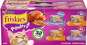 Purina Friskies Gravy Wet Cat Food Variety Pack, Poultry Shreds, Meaty Bits & Prime Filets - (Pack of 32) 5.5 oz. Cans