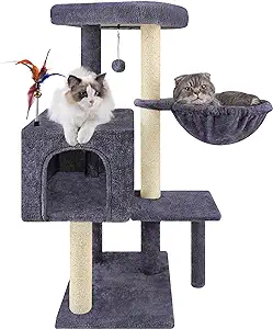 【AIWIKIDE classic Cat Tree】：This is a classic cat tree that can match well with your home environment. It has a spacious top platform, a cozy condo, sisal-covered scratching posts, and a fluffy ball. Perfect for small, medium cats to relax and play.
【Perfect Resting Spots】:Overall size is 25.98"Lx16.14"W x35.43"H. Its raised edge gives cats a comfy place to lean on. The middle condo is a private spot for a nap, and the round hammock is a great high place for cats to sleep and watch birds.
【Great Playground to Save Your Furniture】：The sisal-covered posts are ideal for cats to scratch and stretch, keeping them away from your valuable curtains and furniture. The feather spring ball with a bell sparks their curiosity, adding extra fun. Offering endless amusement for your cats.
【Quality and Safety】：Your cat’s well-being is our top priority.Made of P2 high-quality natural particle board, with a sturdy base, soft plush, and natural sisal posts. This cat tree ensures a safe and comfy place for your cats to jump and dream when you're not home.
【Why Choose Our Cactus Cat Tree?】： With clear instructions and needed tools included, this 4-tier cat tree is easy to set up.Its green color fits well with room decor, looking like a lively plant; A wonderful gift for both your cat and your home!
【Five-Star Customer Experience】：We offer top-notch customer service support. If you have any questions or concerns about our cat tree, please feel free to reach out to us, and we'll be more than happy to assist you!