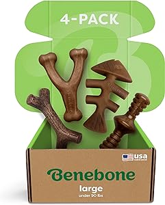 Benebone Large 4-Pack Dog Chew Toys for Aggressive Chewers, Made in USA, 90lbs and Under