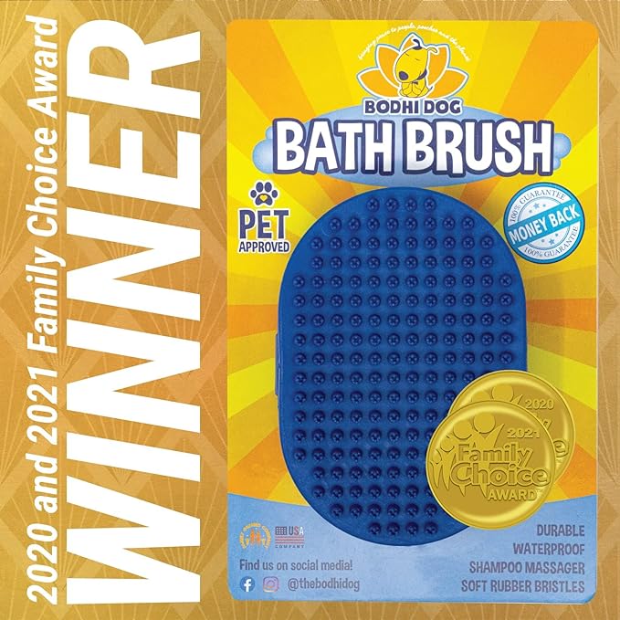 Effective Yet Gentle: The soft rubber tips quickly scrub away dead skin and loose fur making it an excellent pet brush for grooming and bathing. It leaves pet skin clean and helps restore sheen and luster to the coat. Our handheld grooming tool won’t pull on hair making it an ideal brush for pets with sensitive skin. Our dog bath brush also increases the effectiveness of shampoo lathering, allowing less product to go further. Achieve a deeper clean than shampooing alone.
Pets Love The Massaging Bristles: Your pet will now LOVE bath time! Turn grooming into a soothing massage for your pet that feels good, gets them clean and helps keep their skin and coat healthy. Our rubber brush is much gentler on your pet than coarse firm slicker brushes and is a great alternative to a metal bristle brush. The brush is made from natural, unrefined, matte-finish rubber to limit our chemical footprint. The brush is easy to clean.
AWARD-WINNING PROFESSIONAL GRADE QUALITY: Three-time winner of the Family Choice Awards. A coveted consumer award program recognizing outstanding pet products while enriching the lives of our fur friends. Our waterproof pet brush can be used on wet or dry fur! The rubber curry brush construction is a safe professional quality furry friends with normal or sensitive skin and is best suited to short hair breeds.
Does A Great Job Removing Fur: This dog bath brush can be used as a deshedding tool to manage constant shedding. The split ends of the rubber teeth removes pet hair while not tugging excessively like other brushes do. The brush holds onto fur preventing it from flying around and making a mess. To remove hair from the brush, simply turn upside down and tap while gently pulling on the hair.
Committed To Your Happiness: We are a small family owned business of pet lovers committed to you and your furry friend's happiness! Based out of Austin, Texas, every product we make is designed to bring harmony between people and their pets. We think you will find our Bodhi Dog Bath Brush no exception.