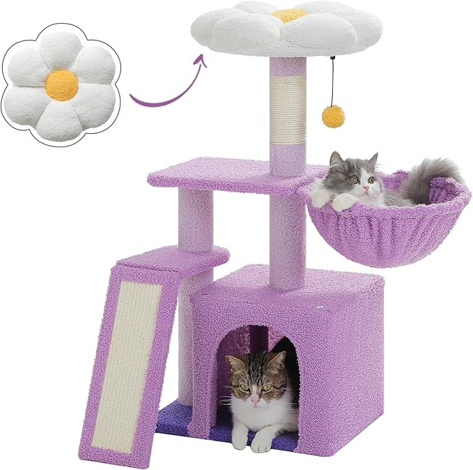 PETEPELA Flower Cat Tree for Indoor Cats, 32'' Small Cat Tower Cat Condo with Sisal Scratching Ramp, Cozy Hammock and Removable Flower Bed Perch for Kittens, Purple