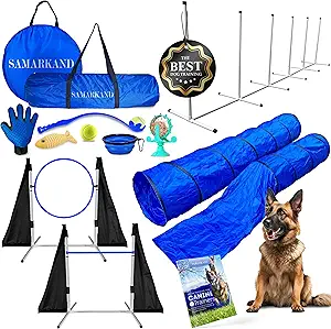 🏆【COMPLETE CANINE EQUIPMENT】 Outdoor agility kit fun with our all-encompassing agility training equipment for dogs! Our agility starter kit for dogs with fish toy, ball thrower for dogs with ball included, dog agility weave poles,2 stores, a food grinder and finally a hair remover hand, the best dog obstacle course backyard. Witness the whimsy with each hurdle, agility jumps, and agility tire jump. Our 2 dog tunnel for large dogs, alongside robust dog jump and dog park equipment outdoor.
🐶【THE BIGGEST DOG GYM SHOW】 - Transform your yard into a thrilling dog amusement park with our dog agility training equipment! Our dog agility jump is the golden gate to endless adventures. This dog agility set is a full-fledged dog agility training set, acting as an ideal dog exerciser. Enjoy game with dogs with this agility course for dogs outdoor and dog obstacle course equipment, where a spectacle of spins, sprints, and splendid leaps awaits!
💥【CANINE CHALLENGES】 Every item in this backyard agility course for dogs spells EXCITEMENT. Prepare to behold the sheer joy as your dog dashes through the agility tunnel, cavaletti poles for dogs and dog jump bar. The dog tunnel for medium dogs and dog agility closed tunnel provide a thrilling challenge, while the dog agility walk adds a magic. This dog playground equipment makes the best professional agility equipment for dogs!
🐕【STIRRING SPORTS SPECTACULAR】 Propel your pup into a world of whimsical workouts with our better sporting dogs agility equipment, where every day is a paw-some parade of physical feats! This dog jungle gym nurtures their natural instincts while offering a spectacular array of exercises. Watch them ace the dog weave poles, soar over dog jumping hurdles, and frolic through the heavy duty play tunnel.
🦵【PAWSITIVELY PERFECT PLAYTIME】Our kit agility jumps for dogs represents a fusion of exuberant exercise. From mastering the dog training climb, soaring over agility for dogs jumps, to embarking on endless adventures with the agility carrier, this dog agility training equipment set transforms playtime into a thrilling spectacle. ADD TO CART NOW! The agility set for dogs for a lifetime of lovable leaps and lively loops with our unparalleled agility training kit for dogs equipment