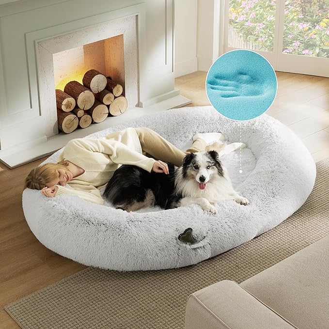 Bedsure Memory Foam Human Dog Bed, 72"x48"x12" Calming Giant Human Dog Bed for Adults People Fits Pet Families with Storage Pocket, Fluffy Faux Fur Orthopedic Dog Bean Bed