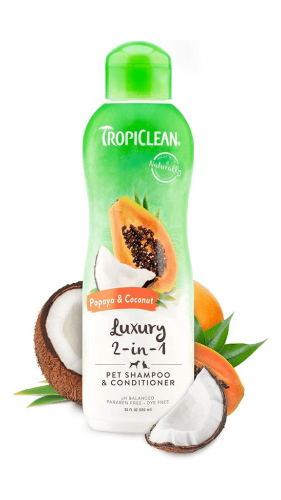 CLEANS & CONDITIONS – 2-in-1 shampoo and conditioner for dogs cleans the coat of dirt & debris while conditioning the coat for easy brushing.
SILKY SOFT COAT – A good smelling dog shampoo that controls odor and moisturizes the skin and coat.
FEEL-GOOD INGREDIENTS – Our pet shampoo is derived from natural ingredients such as coconut and vitamin E for a silky soft coat.
PET PARENT APPROVED – Our gentle dog wash is paraben, dye, soap and cruelty free and suitable for use on dogs and cats 12 weeks or older.
TROPICLEAN – For a tropical experience, pair this with our convenient on-the-go wipes, and smell-good deodorizers.