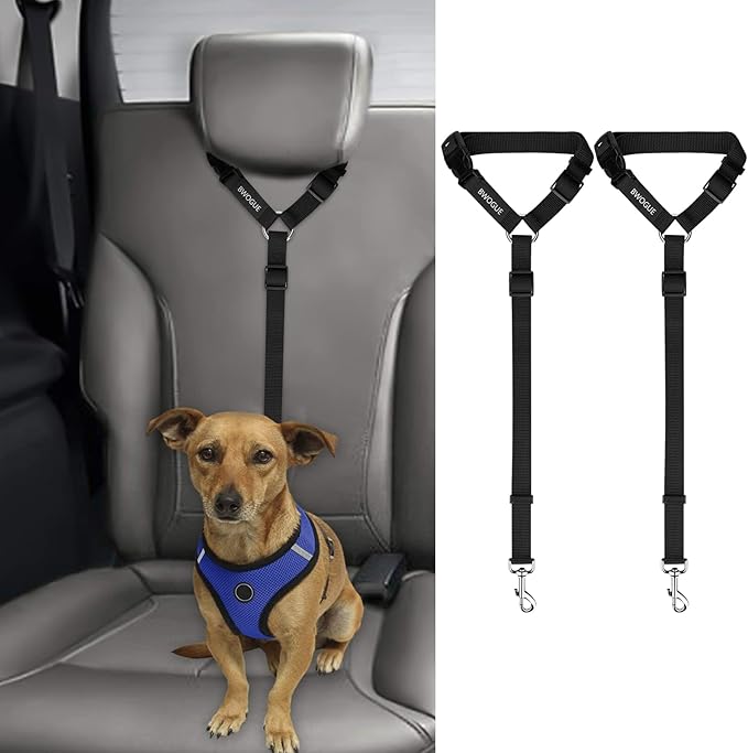 HIGH QUALITY: Made of high quality nylon fabric to ensure safety, features the solid zinc alloy swivel snap and quality buckles, the pet car seat belt ensures the most safest traveling for your pet, and provides a most relaxing driving experience for you.
ADJUSTABLE LENGTH: Dogs come in different sizes and weights. The Bwogue Headrest Restraint is adjustable between 18-30 inches,You can easy to adjust the dog leash to the suitable length to keep your pet in a safety state.
CONVENIENT: The tangle-free nylon straps quickly and easily attaches to vehicle headrests. Safety strap is easily removed making it the perfect leash for your vehicle!
PRACTICABILITY: Our durable leash Not only can use for car ,but also can be converted to a traditional hand-held leash whenever you need. In addition,It is easy to have the pets secured to a tree or other strong post to keep pets safe when you need.
KEEP IN MIND: For your pet's safety, please do not attach the seat belt to your pet's collar directly. It is recommended to use the seat belt leash with pet harness than pet collar, to provide your pets a comfortable and secure wearing.