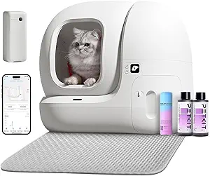 Package List: PETKIT PuraMax, K3 air purifier smart spray, cat litter mat, clay litter sifter, cat litter romver, waste bag 20pcs, air purifying refill 2 bottles, power adapter, user manual, quick start, DIY stickers.
100% SAFE FOR CATS: With several safety mechanisms as well as excellent smart sensors, the xSecure system offers your cat a safe potty experience. It consists of infrared sensor, weight sensors, remote alerts, an accident protection system, and smart detection to keep your cats safe. In addition, It automatically pauses when your cat approaches or detects a weight change. Warm Tips: Applicable weight range for cats: 1.5kg to 8kg, do not use for young pets under 6 months.
Extra Large Capacity for Large Cats and Multi-cat Family: Size of the inner bucket: 18.89 x 20.47 inch(diameter), 76L large space is enough for cats up to 18 lbs,7L large waste bin allows up to 15 days of free scooping for one cat. The 7.8 inch low-entry design is friendly to older cats, short-legged cats, and cats with limited mobility.
For All Clumping Cat Litter & Sticky-Free: Puramax litter box is compatible with all kinds of clumping cat litter such as clay litter, tofu litter, mixed litter, bentonite litter and more (Except crystal cat litter). The auto cat litter box comes with high performance non-woven fabric cylinder mat to prevent soft faeces from sticking to the cat litter box. Premium oxford cloth and PVC material are waterproof and prevent leakage of cat urine.
Smart App Control: Puramax, which is 2.4GHz Wi-Fi enabled, has 3 alternative cleaning modes: auto-cleaning mode, scheduled-cleaning mode, and manual-cleaning mode. You can set the device to scheduled or automatic cleaning mode via the PETKIT app. Enjoy a hands-free cleaning experience with the smart PETKITapp. You can control the litter box and air purifier spray, keep tracking your cat's behaviour and health at anytime anywhere through the PETKIT app. To activate the manual-cleaning mode, simply tap the "Clean" button via the PETKIT app or press the button on the Puramax to clean the cat litter box.
Double Odor Removal: 100% sealed waste bin and removable odor eliminator, the waste is transported into the waste bin inside the litter box. The tightly sealed waste bin prevents unpleasant odours. Air Purifier Smart Spray deodorizes automatically after cleaning,planned deodorization via app.
Kindly Notice: Do not place the device on carpets or mats as this may interfere with the sensors of the device and cause malfunctions. Please place the device on a flat floor and do not block the entrance to the cat litter tray.