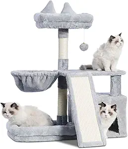 Small but functional: It's a cute cat tree for indoor not-so-large spaces.The cat tower richly structured, great for multiple kittens or one big cat!
Taking a good rest: Cats can sleep and stretch out on the large cat bed at the bottom, rest inside the round hammock and enjoy being completely wrapped up
Unleash nature：Hiding in the cat condo, climbing via the auxiliary platforms, observing on the top perch, playing with the toy ball, kitties can have fun on this cat tree tower!
Sharpen claws, Stay healthy: Tow sisal wrapped scratching posts and a large scratch board helps keep your furniture safe from cat claws
Safe and easy to assemble: The cat tree comes with clear installation instructions, all the tools you need and an anti-tip kit, helps you to quickly build the cat house and ensure it's stable