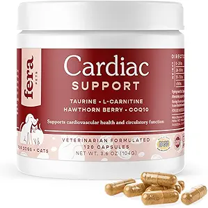 Caring for cardio: Fera’s heart supplement with taurine for cats and dogs helps the cardiac muscle with normal blood circulation and heartbeat and raises your pet’s energy for play
No fillers: Our powerful blend of taurine powder, L-carnitine, CoQ10, vitamin E, and organic hawthorn berry helps your pet’s cardiovascular function and strength, thus helping your pet become more active, energetic, and best of all, more playful
Veterinarian formulated: Cardiac taurine supplement crafted by our Co-Founder, Veterinarian Dr. Dulake; this taurine for dogs and cats bears the NASC quality seal, is made in the USA, GMP-compliant, and does not contain colors, dyes or preservatives
Directions for use: Give 1 capsule per 25 lbs on a daily basis. If giving more than 1 capsule daily, divide between AM and PM. Capsule may be given whole, in a pill pocket, or opened and sprinkled
Care from head to tail: Dog and cat supplements crafted from our commitment to creating effective, honest and delicious cat and dog vitamins and supplements, while combining Eastern and Western ingredients for a holistic approach to your pet’s wellbeing