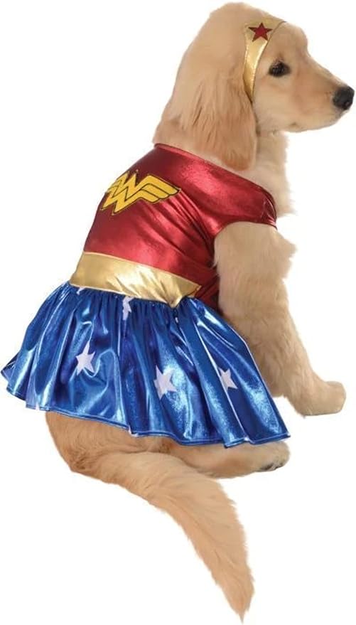 Wonder Woman pet costume features Wonder Woman symbol headpiece and red dress with Wonder Woman symbol, blue skirt with gold belt and white stars
IMPORTANT! PLEASE READ recent reviews and Q&A's before purchase to determine the best size for your pet; NOT ALL COSTUMES WILL FIT ALL PETS or breeds without adjustment
READ THE RUBIE’S PET SIZE CHART and WATCH THE SIZING INSTRUCTION VIDEO, do not select size based on breed; consider costume style and animal shape before ordering
Search for Rubie's DC Comics matching people costumes, like Superman, Batman, Wonder Woman, Supergirl, Batgirl, The Flash, Green Lantern, Robin, Joker and many more for great group costumes