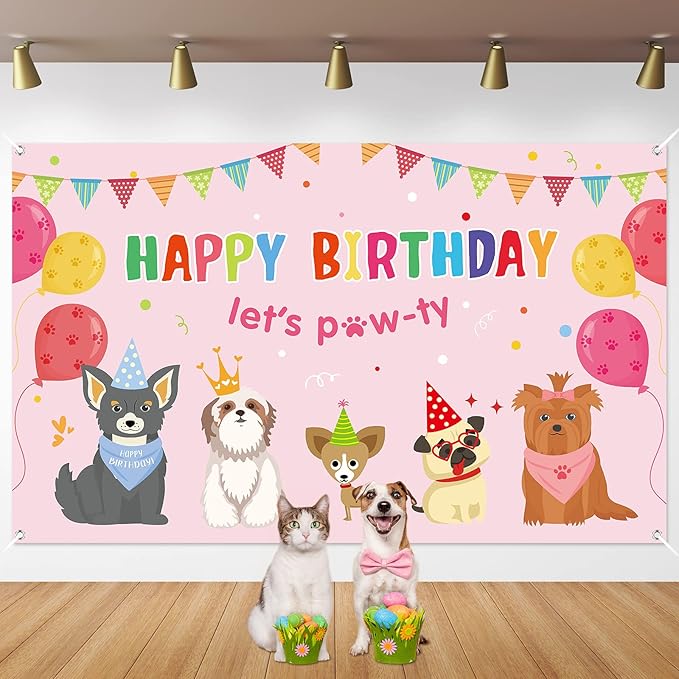 Dog Girl Party Decorations Pink Puppy Dog Themed Birthday Party Supplies Lets Party Banner Backdrop Dogs Cats Kids Birthday Photography Background Photo Booth for Pet Party Indoor and Outdoor