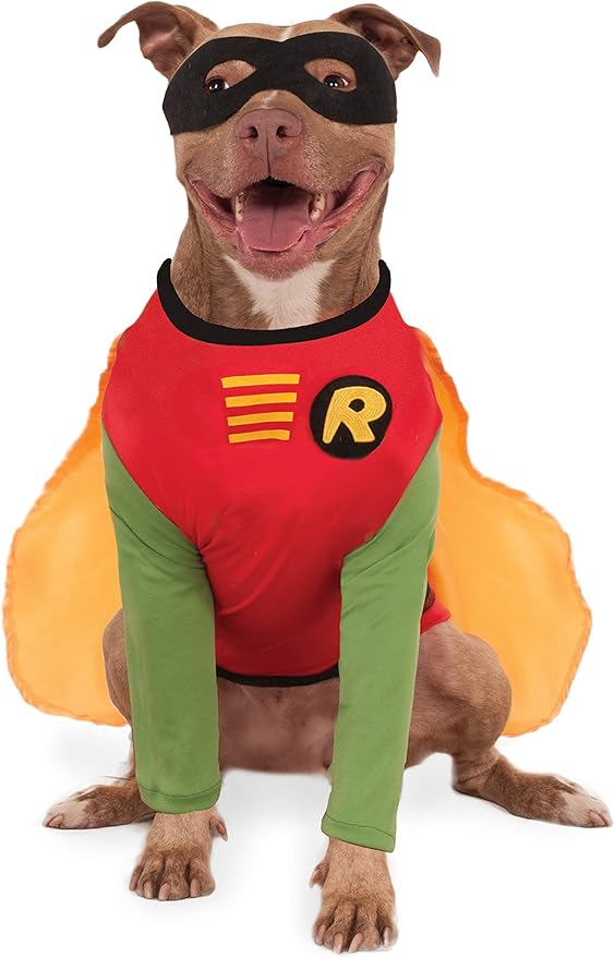 Robin pet costume features red shirt with green sleeves and attached cape; includes black eye mask
IMPORTANT! PLEASE READ recent reviews and Q&A's before purchase to determine the best size for your pet; NOT ALL COSTUMES WILL FIT ALL PETS or breeds without adjustment
READ THE RUBIE’S PET SIZE CHART and WATCH THE SIZING INSTRUCTION VIDEO, do not select size based on breed; consider costume style and animal shape before ordering
Search for Rubie's DC Comics matching people costumes, like Superman, Batman, Wonder Woman, Supergirl, Batgirl, The Flash, Green Lantern, Robin, Joker and many more for great group costumes
Note : Measuring flat assumes that pets are one-dimensional. The costume is 3 dimensional and has some stretch to it that will give another inch or two.