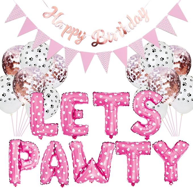 Dog Cat Birthday Party Supplies,Dog Paw Print Balloons Sequined Balloon,Lets Pawty Balloons, Happy Birthday Banner Foil Balloons Pet Party Decoration