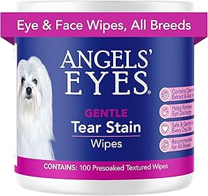 FOR ALL DOGS & CATS: 100 premium diamond textured hypoallergenic wipes for pet eye cleaning, skin care and wrinkle grooming. Angels' Eyes is the #1 trusted and #1 selling brand.
GENTLE AND SAFE: Gentle and safe for everyday use. Cleaning and odor-control for paws, body, and butt, perfect for daily long-term use which helps reduce and prevent tear staining.
REMOVE EYE DISCHARGE: Helps keep eyes clear by removing dried mucus secretions and discharge to help reduce the risk of eye irritations and itching caused by foreign matter. Great for all dog breeds and cats. Bleach-free, hypoallergenic
FOR MORE THAN JUST TEAR STAINS: Our gentle formula tackles tear stains as well as cleaning wrinkles, and removing gunk from allergies and play, keeping your dog’s face fresh and clean.
HYPOALLERGENIC & GENTLE: Chamomile Extract and Aloe Vera help calm and soothe irritated skin and eye areas. No rinse formula. Hypoallergenic.