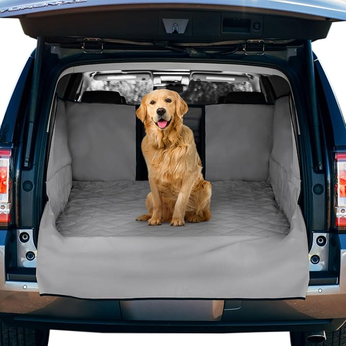 A SIZE FOR EVERY CAR: The new FrontPet cargo cover for dogs is meticulously designed to fit a wide range of vehicles, ensuring a snug and secure fit regardless of the make or model. Available in three sizes—L, XL, and XXL—you can easily choose the best fit for your car.
2024 UPGRADED VERSION: Featuring high-quality materials, the 2024 upgraded version of the FrontPet trunk dog protector boasts enhanced durability and comfort with a premium 150msg fabric construction. This dog car cover features a very convinient pocket to keep anything your pet may need.
EASY INSTALLATION: Say goodbye to complicated installations. The premium FrontPet dog cargo liner for suv comes with 4 sturdy suction cups that make installation a breeze. Simply attach the suction cups to your vehicle's interior, and the car cover for dogs stays securely in place, providing peace of mind during your travels.
EASY TO CLEAN: Maintenance is effortless with the FrontPet cargo mats for back of SUV and other cars. Made from water-resistant and easy-to-clean fabric, it withstands spills and accidents. A quick wipe or a gentle wash is all it takes to keep the liner looking and smelling fresh, ensuring your car remains clean and hygienic for all your adventures. DO NOT TUMBLE DRY.
PROTECTIVE AND COMFORTABLE: Not only does this trunk dog cover protect your vehicle’s interior from scratches, dirt, and fur, but it also provides a comfortable and safe space for your pet. The high-quality materials ensure your pet can relax and enjoy the ride, making every journey pleasant for both you and your furry friend.