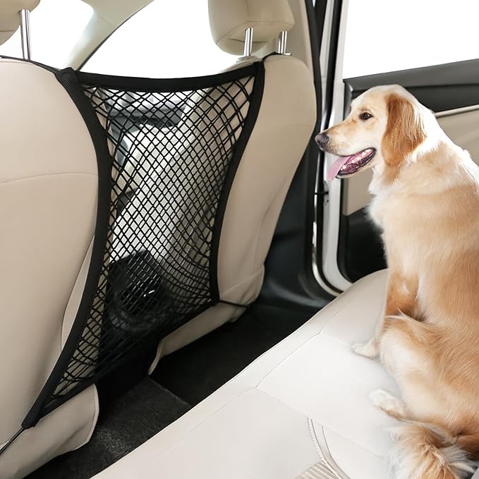 rabbitgoo Dog Car Net Barrier for SUVs, Pet Barrier with Metal Hooks & Stretchable Mesh, Car Divider & Storage Bag, Easy to Install, Drive Safely with Children & Pets, 13.98"×15.55"