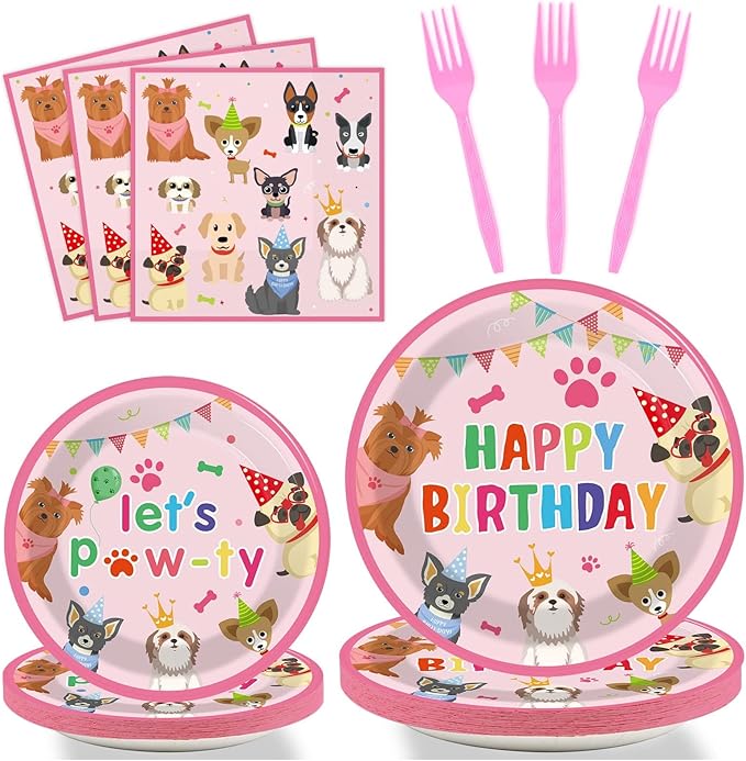 96 Pieces Dog Themed Birthday Party Decorations Puppy Party Tableware for Girls Lets Pawty Party Dessert Plates Napkins ForksBirthday Party Favors 24 Guests