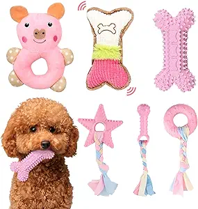 PUPPY TEETHING AND ANXIETY RELIRF DOG TOYS:Most puppy toys set on the market contain only normal chew toys for teething, while our 6 Pcs teething toys for puppies contains extra 2 soft squeaky dog toys. When your puppy is alone at home, he can interact with toys that make sounds. The bright pink color also makes them easy to find even under a chair or bed. They will not feel alone anymore
6 PACKS PUPPY CHEW TOYS FOR TEETHING:Are you still worried about your beloved 0-6 months puppy starts chewing furniture or not has durable puppy chew toys for strengthen teeth? This small dog teething toys set includes 2 pack stuffed plush squeaky dog toys ,1 dog bone toy and 3 pack dog rope toys, Different shaped toys is better to remove stains from teeth from 360 degrees and make them feel busy, so that they won't bite the furniture
SAFE RUBBER TEETHING TOYS FOR PUPPIES:These puppy teething toys for small puppies are made of TPR natural rubber, which is washable and highly elastic for chewing on. Soft rubber is highly resilient and will be gentle to your small breed's teeth
BEST DOG ACCESSORIES FOR DOGS:The bone and donut shape fun pink extra small girl puppy teething toys attract dog’s attention greatly. The uneven spines on the rubber bones can deeply clean dog's teeth. These dog chew toys are perfect for small dogs and puppies, not for aggressive dogs. 6 Pcs of Puppy toys can be used for almost 4 to 6 months, which is a great value
RELIABLE AND PROFESSIONAL DOG CARER:XGDMEIL always adhere to the principle of pet safety first, providing safe and reliable products for pets and owners. Each puppy toys is used on our own pets first before we put this product on the shelf