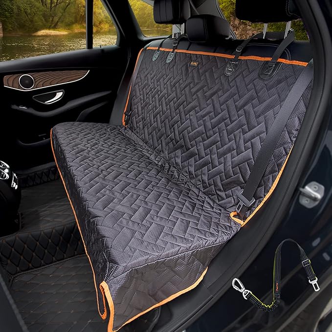 COMPATIBILITY WITH DIFFERENT CARS-Size of 54"W x 50" L bench dog seat cover, protects your back seat from milk, mud, or other kid's messes. Available for most cars and SUV as a daily use rear seat cover. A dog seat belt ensures your dog maximum security.
NO SMELL& NO MESSES IN YOUR BACK SEAT--Bench car seat cover protector using environmentally friendly material without chemical smell, prevent fluids penetrate onto the seat. In the event of accidents easy to remove the cover and machine wash and air dry.
DURABLE&MORE SAFE-Made of durable material, the dog bench seat cover protects your car back seat. And protect your dog from injury when the emergency brake, you will be less distracted. Prevent scratching leather bench when the dog jumps in.
NONSLIP&COMFORTABLE--Pet bench seat cover is designed with silicone bottom and seat anchors will prevent it from slipping because your dog moves around. Without smell, so you can be at ease use the bench seat cover for kids. Compatible for Middle Seat Belt.
EASY TO INSTALL&CLEAN-Just need 1 minute easy to install with quick release clips. Bench car seat cover offers maximum comfort and safety for your kids and dogs. Enjoy your road trip never before! Wash dog bench cover anytime in your washing machine.