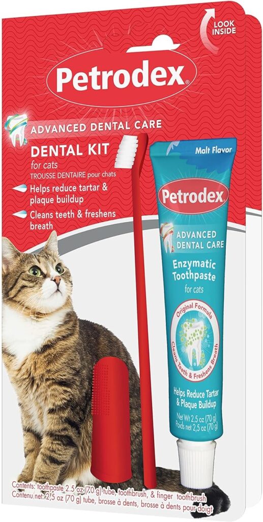 ALL INCLUSIVE CAT DENTAL KIT: Everything you need in one easy to use kit.
FIGHTS BAD BREATH: With regular use, the Petrodex Enzymatic Toothpaste for Cats in this Sentry dental kit helps reduce plaque and fights bad breath.
PATENTED ENZYMES: With patented enzymes, this non-foaming formula of cat toothpaste does not require rinsing.
DUAL DESIGN: The finger toothbrush is dual ended and can adapt to small and large tooth surfaces.
EFFECTIVE: This cat dental toothbrush will keep your pet's teeth health and clean.