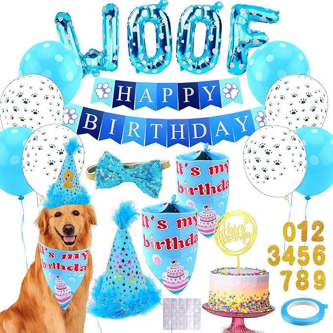 Dog Birthday Party Supplies with Dog Birthday Bandana, Dog Birthday Boy Hat,Scarf, Birthday Banner, Balloons and Bow Tie for Dog Birthday Party Decorations