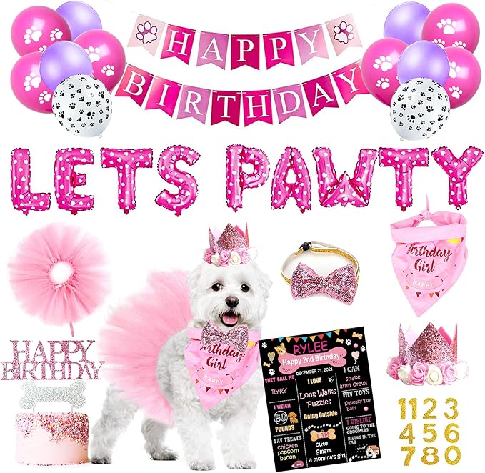 Dog Birthday Party Supplies, Dog Birthday Decorations Girl, Lets Pawty Balloons Banner, Hat Bandana Tutu Skirt for Small Medium Girl Dogs